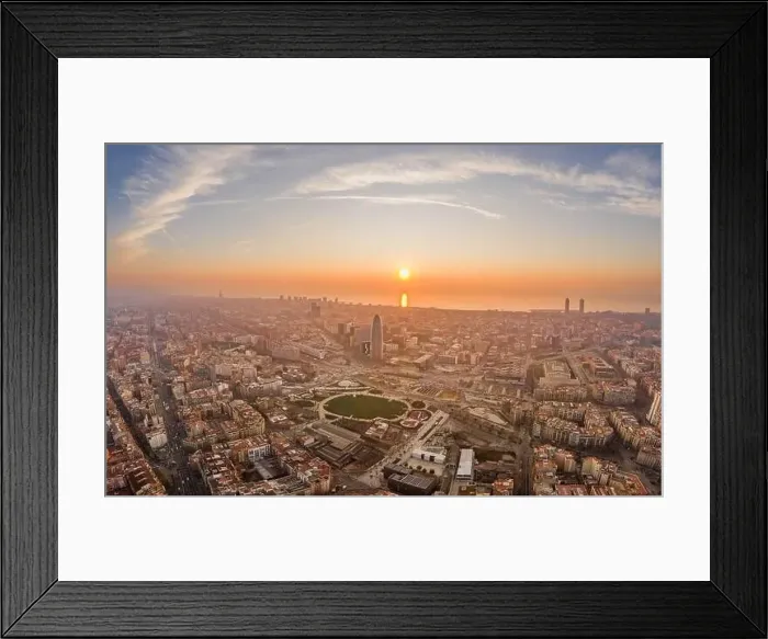Framed Print : Aerial drone shot of agbar tower by Barcelona beach with sunrise Framed Print : Aerial drone shot of agbar tower by Barcelona beach with sunrise