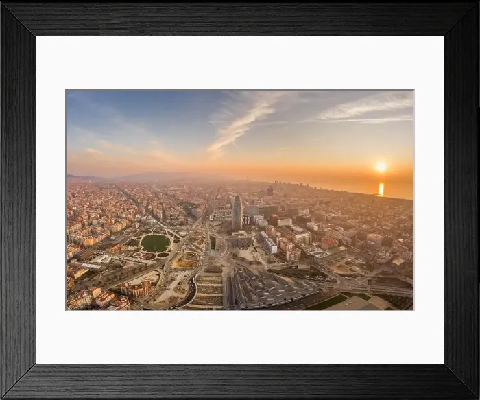 Framed Print : Aerial drone shot of agbar tower by Barcelona beach with sunrise Framed Print : Aerial drone shot of agbar tower by Barcelona beach with sunrise