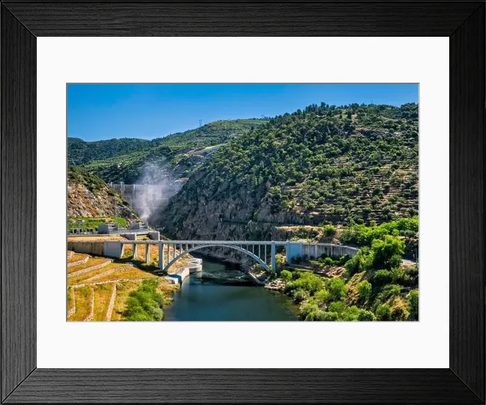 Framed Print : Highway bridge over Rio Tua near Rio Douro confluence, Foz Tua Dam in distance, near Sao Mamede, Norte region, Portugal Framed Print : Highway bridge over Rio Tua near Rio Douro confluence, Foz Tua Dam in distance, near Sao Mamede, Norte region, Portugal
