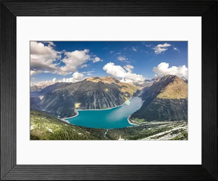 Framed Print : Aerial drone shot of Schlegeisspeicher glacier reservoir in zillertal alps in Austria Framed Print : Aerial drone shot of Schlegeisspeicher glacier reservoir in zillertal alps in Austria