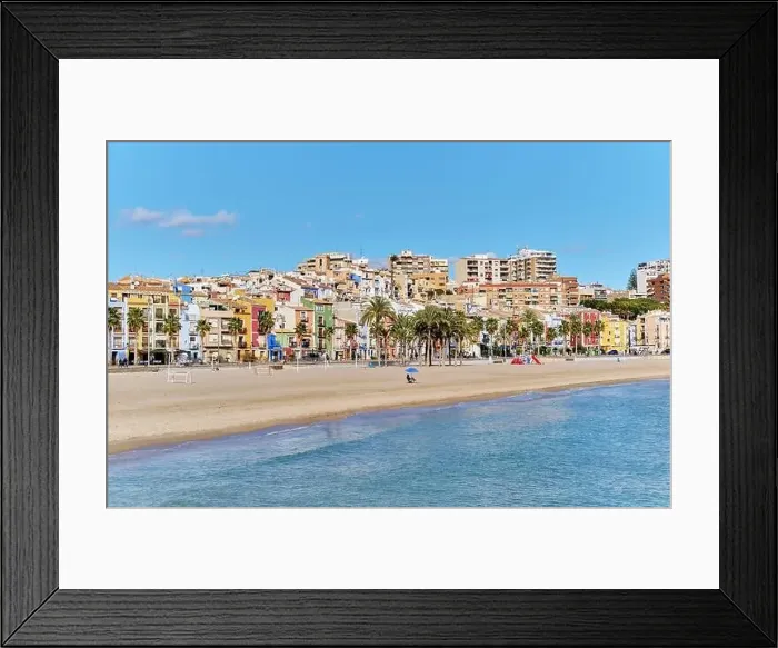Framed Print : Aerial drone point panoramic view coastline and La Vila Joiosa Villajoyosa touristic resort townscape view from top Framed Print : Aerial drone point panoramic view coastline and La Vila Joiosa Villajoyosa touristic resort townscape view from top