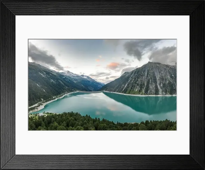 Framed Print : Aerial drone shot of Schlegeisspeicher resevoir with galcier view at dusk