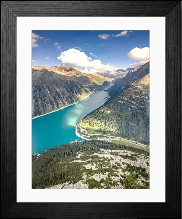 Framed Print : Aerial drone shot of Schlegeisspeicher glacier reservoir in zillertal alps in Austria Framed Print : Aerial drone shot of Schlegeisspeicher glacier reservoir in zillertal alps in Austria