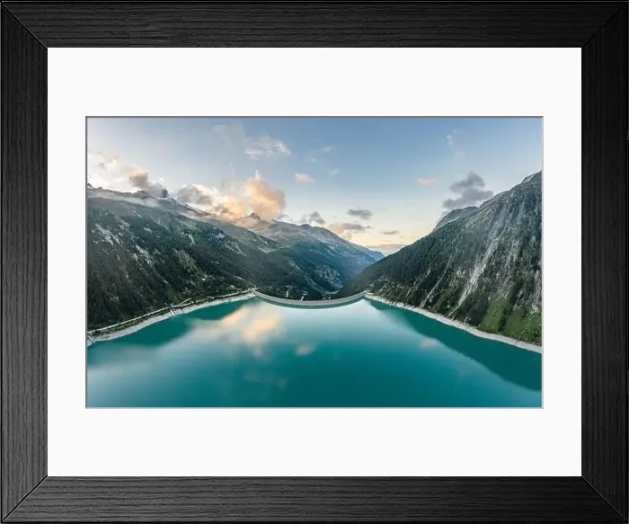 Framed Print : Aerial drone shot of Schlegeisspeicher resevoir with galcier view at dusk Framed Print : Aerial drone shot of Schlegeisspeicher resevoir with galcier view at dusk