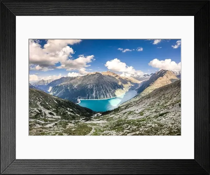 Framed Print : Aerial drone shot of Schlegeisspeicher glacier reservoir in zillertal alps in Austria Framed Print : Aerial drone shot of Schlegeisspeicher glacier reservoir in zillertal alps in Austria