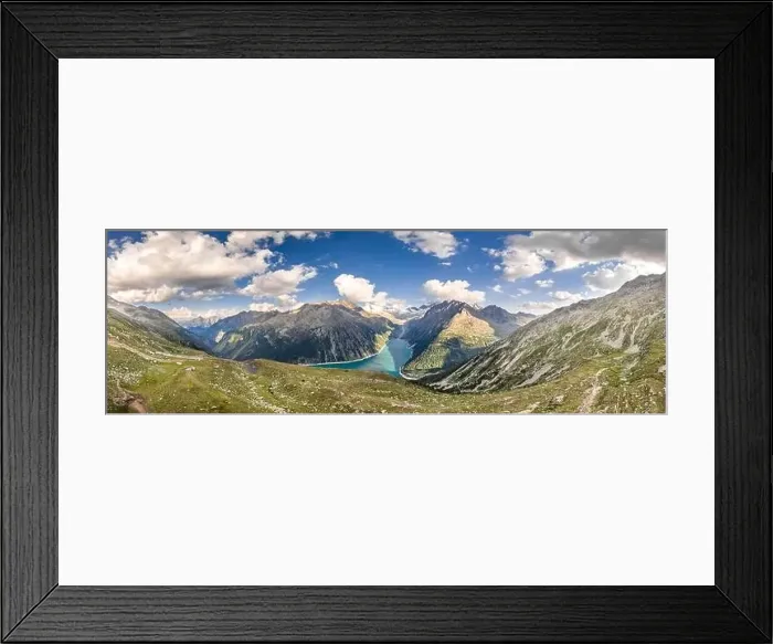 Framed Print : Aerial panoramic shot of Schlegeisspeicher glacier reservoir in zillertal alps in Austria Framed Print : Aerial panoramic shot of Schlegeisspeicher glacier reservoir in zillertal alps in Austria