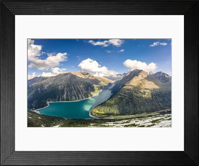 Framed Print : Aerial drone shot of Schlegeisspeicher glacier reservoir in zillertal alps in Austria Framed Print : Aerial drone shot of Schlegeisspeicher glacier reservoir in zillertal alps in Austria