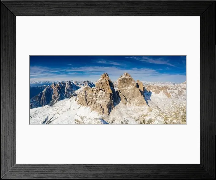 Framed Print : Panoramic aerial view of Tre Cime di Lavaredo during a snowy autumn Framed Print : Panoramic aerial view of Tre Cime di Lavaredo during a snowy autumn