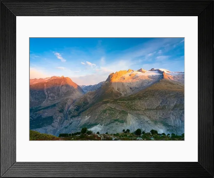 Framed Print : Sunrise on Gross Fusshorn, Rotstock and Geisshorn peaks from Hohfluh lookout Framed Print : Sunrise on Gross Fusshorn, Rotstock and Geisshorn peaks from Hohfluh lookout