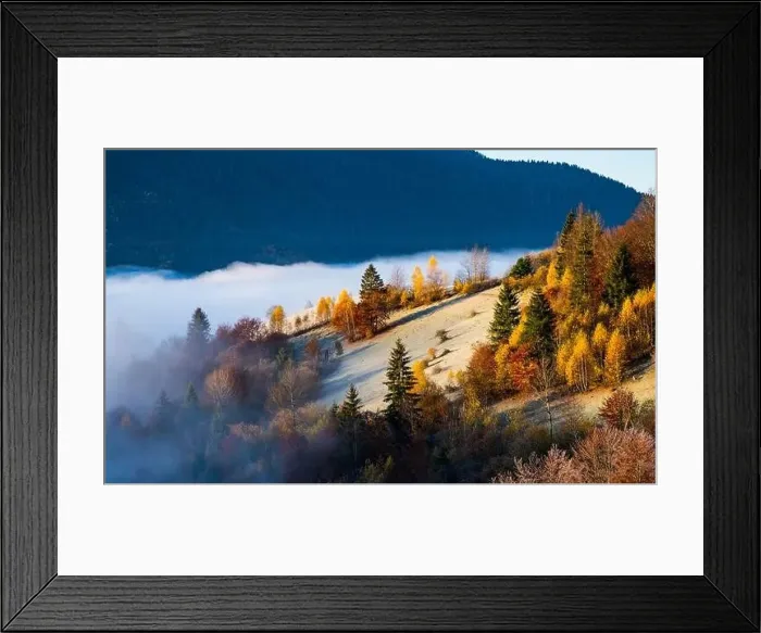 Framed Print : Sunrise over mountain hils covered with gray mist Framed Print : Sunrise over mountain hils covered with gray mist
