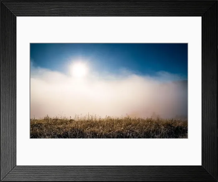 Framed Print : Sunrise over mountain hils covered with gray mist Framed Print : Sunrise over mountain hils covered with gray mist