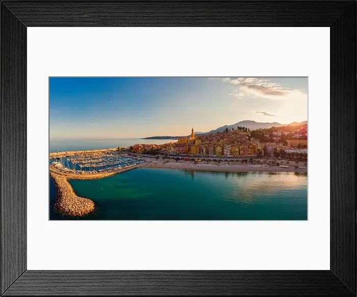 Framed Print : Sand beach beneath the colorful old town Menton on french Riviera, France. Drone aerial view over Menton France Europe Framed Print : Sand beach beneath the colorful old town Menton on french Riviera, France. Drone aerial view over Menton France Europe