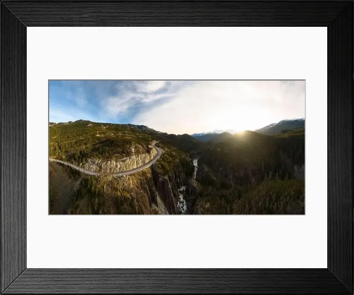 Framed Print : Aerial drone view of Sea to Sky Highway during a bright winter sunset