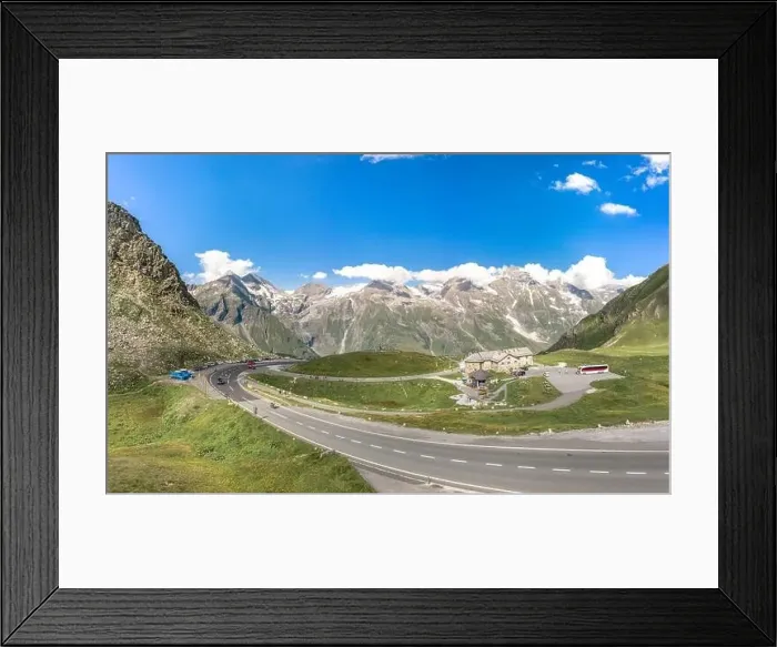 Framed Print : Aerial drone shot of restaurant on high alpine road on Grossglockner mountain in Austria Framed Print : Aerial drone shot of restaurant on high alpine road on Grossglockner mountain in Austria