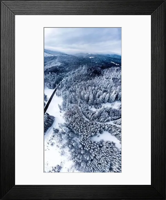 Framed Print : Coniferous Forest On Mountainous Landscape Densely Covered With Fresh Snow During Winter. - Aerial top-down Drone Shot Framed Print : Coniferous Forest On Mountainous Landscape Densely Covered With Fresh Snow During Winter. - Aerial top-down Drone Shot