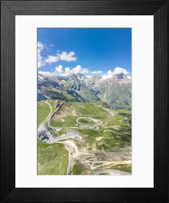 Framed Print : Aerial drone shot of serpentine high alpine road Taxenbacher Fusch up to Edelweissspitze in Grossglockner in Austria Framed Print : Aerial drone shot of serpentine high alpine road Taxenbacher Fusch up to Edelweissspitze in Grossglockner in Austria