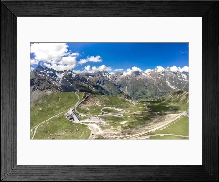 Framed Print : Aerial drone shot of serpentine high alpine road Taxenbacher Fusch below Edelweissspitze in Grossglockner in Austria Framed Print : Aerial drone shot of serpentine high alpine road Taxenbacher Fusch below Edelweissspitze in Grossglockner in Austria
