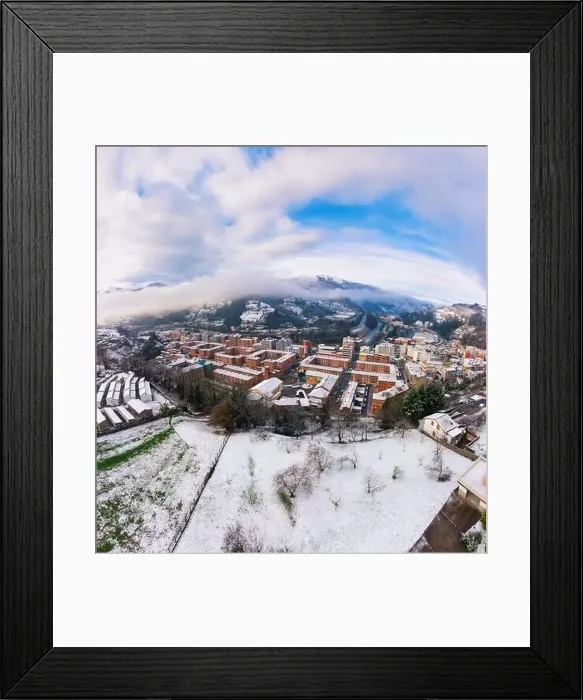 Framed Print : Aerial view of the Asturian town of Blimea under a snowfall, Spain Framed Print : Aerial view of the Asturian town of Blimea under a snowfall, Spain
