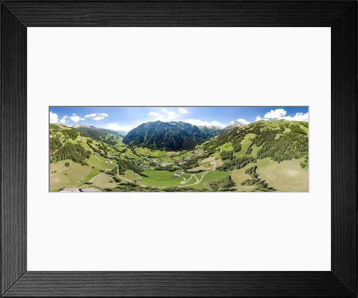 Framed Print : 360 Aerial panoramic drone shot of Helligenblutt village in Grossglockner mountain valley in Austria Framed Print : 360 Aerial panoramic drone shot of Helligenblutt village in Grossglockner mountain valley in Austria