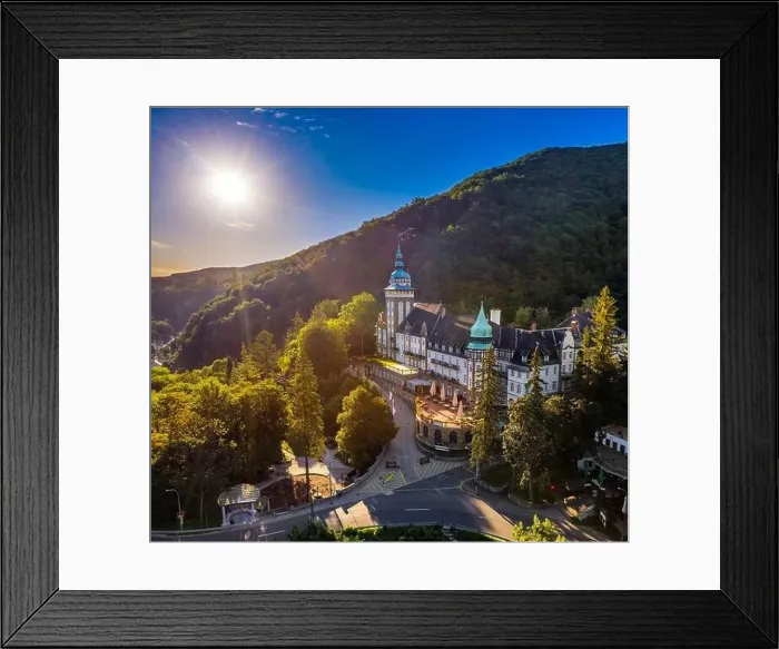 Framed Print : Lillafured, Hungary - Aerial view of the famous Lillafured Castle in the mountains of Bukk near Miskolc on a sunny Framed Print : Lillafured, Hungary - Aerial view of the famous Lillafured Castle in the mountains of Bukk near Miskolc on a sunny
