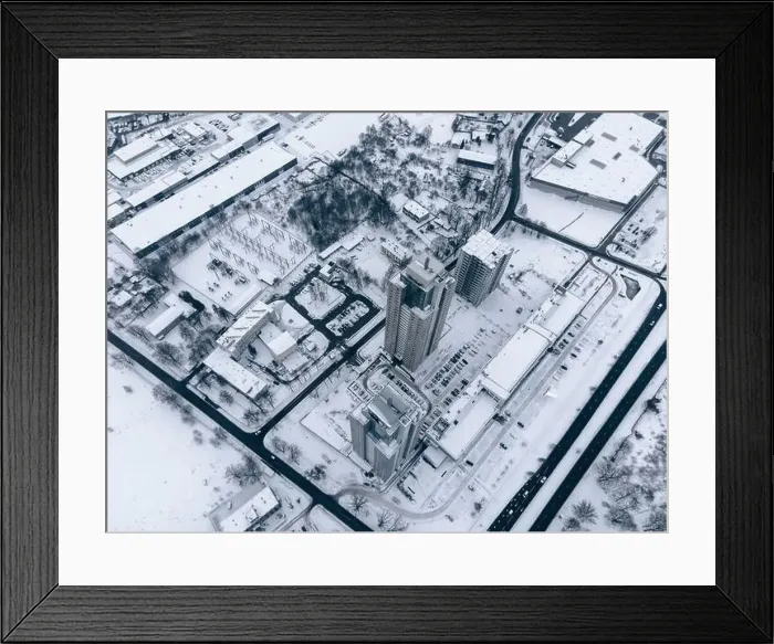 Framed Print : aerial drone view of houses and road. winter landscape Framed Print : aerial drone view of houses and road. winter landscape
