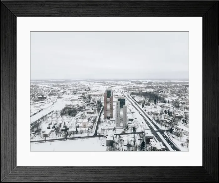 Framed Print : aerial drone view of houses and road. winter landscape Framed Print : aerial drone view of houses and road. winter landscape