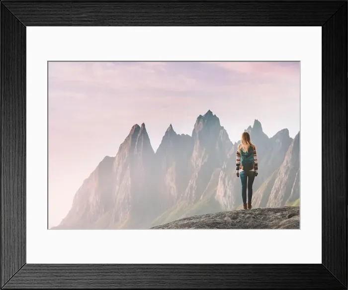 Framed Print : Traveler woman enjoying Okshornan peaks landscape in Norway travel lifestyle active vacation outdoor eco tourism Senja Framed Print : Traveler woman enjoying Okshornan peaks landscape in Norway travel lifestyle active vacation outdoor eco tourism Senja
