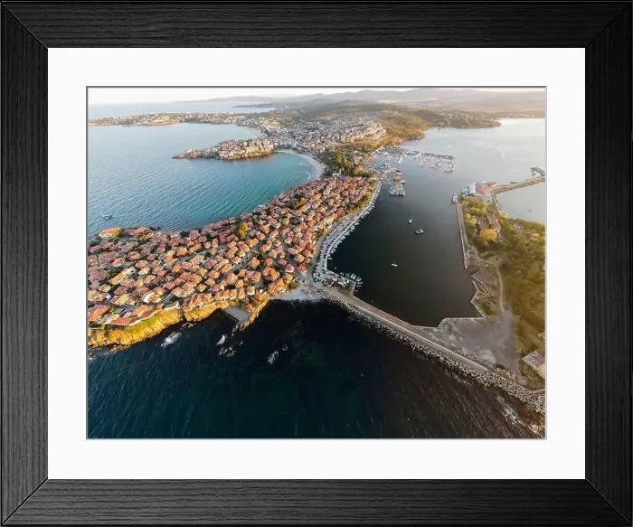 Framed Print : Aerial sunset view of old town of Sozopol, Burgas Region, Bulgaria Framed Print : Aerial sunset view of old town of Sozopol, Burgas Region, Bulgaria