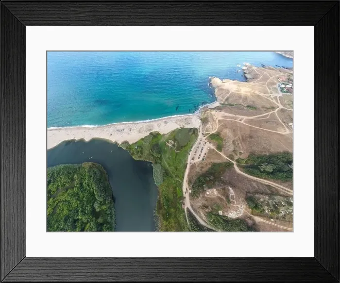 Framed Print : Aerial panorama of beach at the mouth of the Veleka River, Sinemorets village, Burgas Region, Bulgaria Framed Print : Aerial panorama of beach at the mouth of the Veleka River, Sinemorets village, Burgas Region, Bulgaria