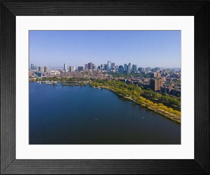 Framed Print : Boston financial district modern city skyline aerial view with Charles River