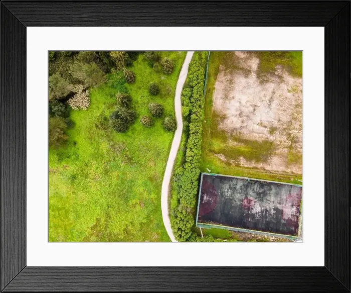 Framed Print : Aerial view of a small walkway trail going offroad in the wood in Monsanto national park on the hill, Lisbon, Portugal Framed Print : Aerial view of a small walkway trail going offroad in the wood in Monsanto national park on the hill, Lisbon, Portugal