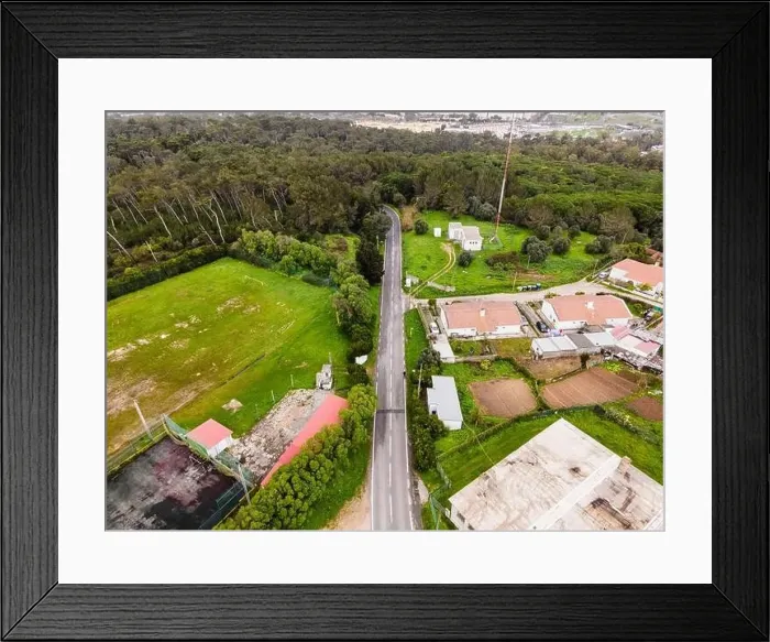 Framed Print : Aerial view of countryside road next a small parking lot on Monsanto national park in Lisbon, Portugal Framed Print : Aerial view of countryside road next a small parking lot on Monsanto national park in Lisbon, Portugal