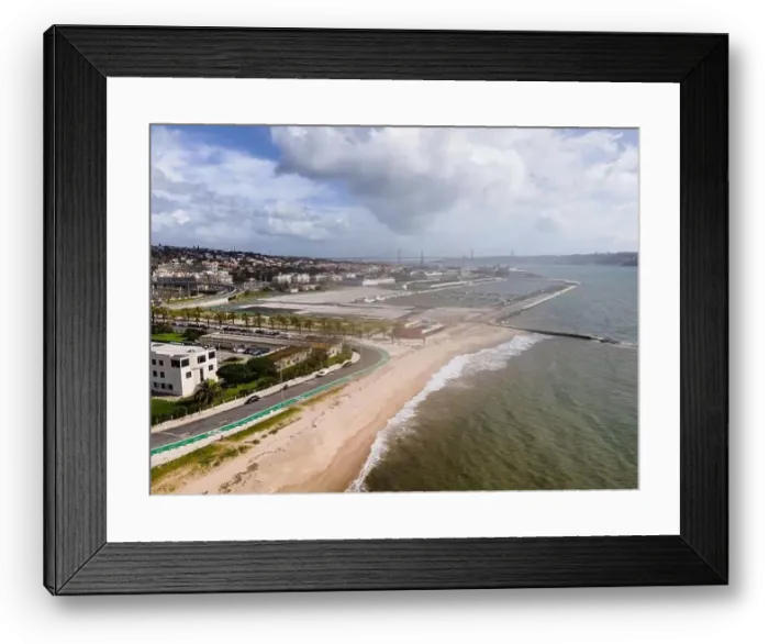 Framed Print : Aerial view of Lisbon southern coastline following Tagus river with April 25th bridge in background Framed Print : Aerial view of Lisbon southern coastline following Tagus river with April 25th bridge in background