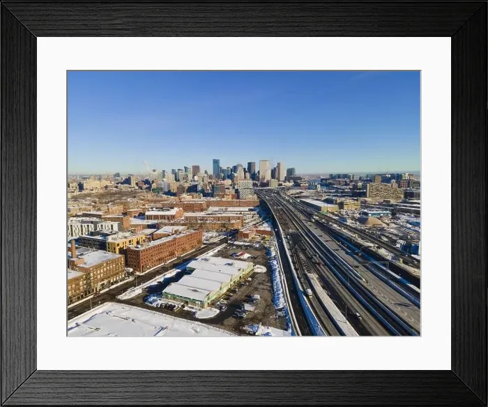 Framed Print : Boston downtown modern city skyline and Interstate Highway 93 in winter aerial view, Boston, Massachusetts MA, USA Framed Print : Boston downtown modern city skyline and Interstate Highway 93 in winter aerial view, Boston, Massachusetts MA, USA