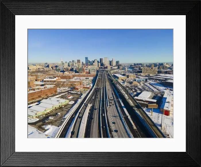 Framed Print : Boston downtown modern city skyline and Interstate Highway 93 in winter aerial view, Boston, Massachusetts MA, USA Framed Print : Boston downtown modern city skyline and Interstate Highway 93 in winter aerial view, Boston, Massachusetts MA, USA