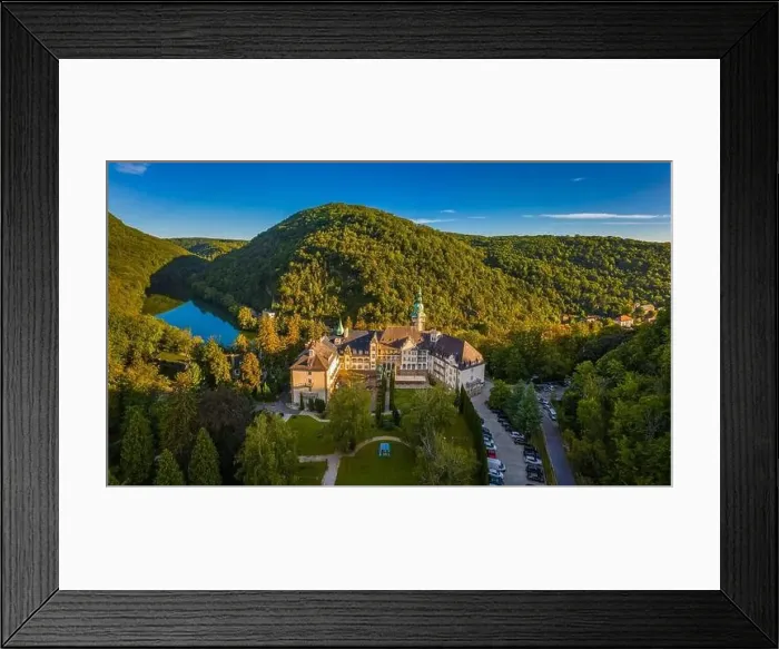 Framed Print : Lillafured, Hungary - Aerial view of the famous Lillafured Castle in the mountains of Bukk near Miskolc on a sunny Framed Print : Lillafured, Hungary - Aerial view of the famous Lillafured Castle in the mountains of Bukk near Miskolc on a sunny