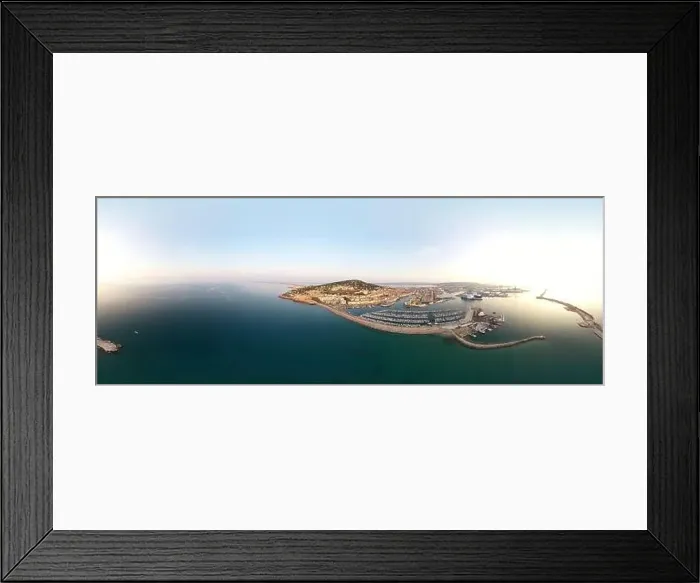 Framed Print : 360º Aerial panorama of the city of Sète and the port, during sunrise, in the Hérault department in Occitanie, France