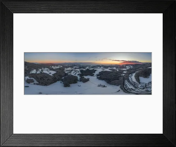 Framed Print : Sunset in winter with snow and ice with view from Rusel towards Schaufling and Landshut, Germany Framed Print : Sunset in winter with snow and ice with view from Rusel towards Schaufling and Landshut, Germany