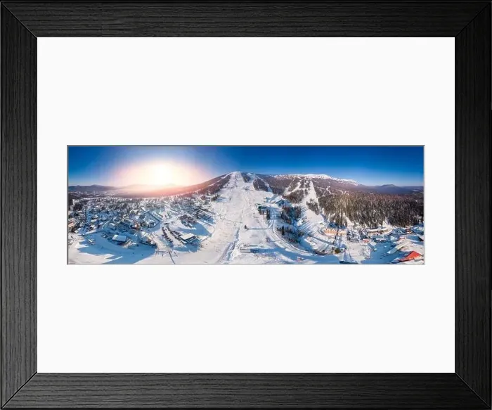 Framed Print : Panorama Sheregesh ski resort in winter, landscape on mountain and hotels, aerial top view Kemerovo region Russia
