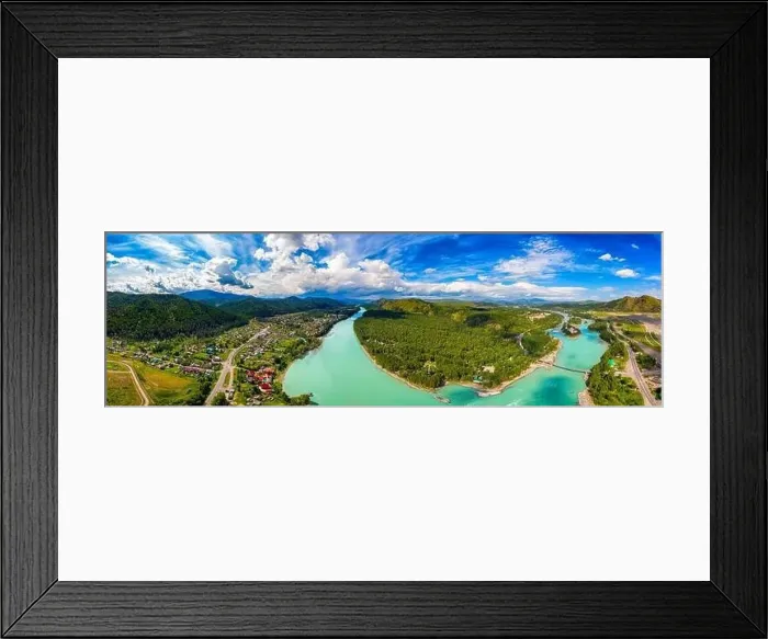 Framed Print : Panorama Suspension bridge Blue Katun river Altai mountains republic Russia, aerial top view Framed Print : Panorama Suspension bridge Blue Katun river Altai mountains republic Russia, aerial top view