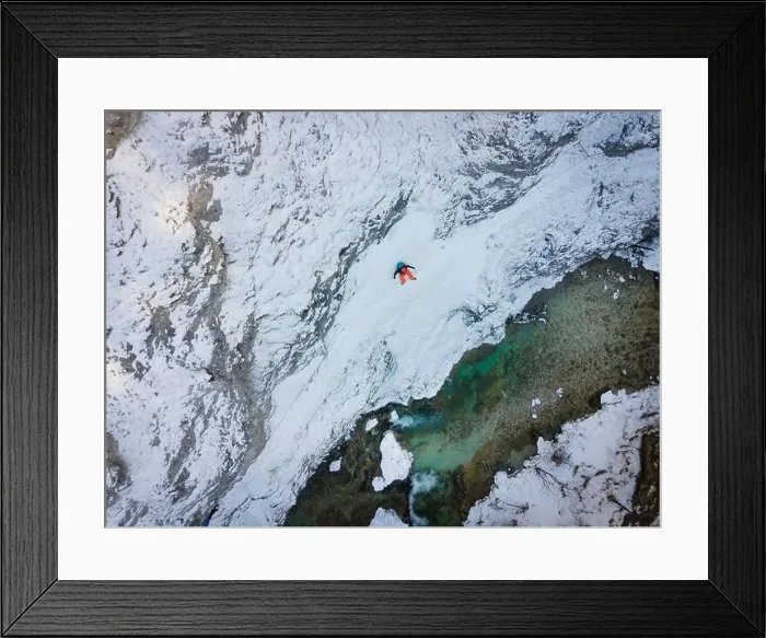 Framed Print : Drone shot of hiker with backpack Framed Print : Drone shot of hiker with backpack