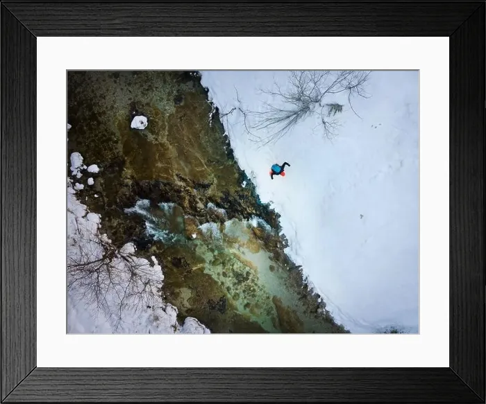 Framed Print : Drone shot of hiker with backpack Framed Print : Drone shot of hiker with backpack