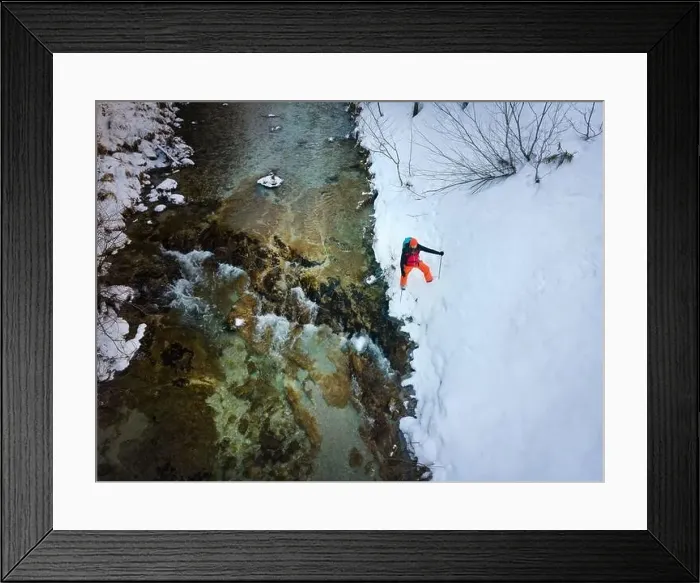 Framed Print : Drone shot of hiker with backpack Framed Print : Drone shot of hiker with backpack