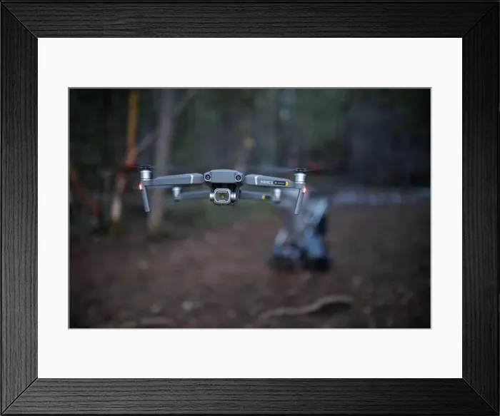 Framed Print : Drone flying low in the middle of a forest Framed Print : Drone flying low in the middle of a forest