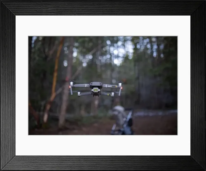 Framed Print : Drone flying low in the middle of a forest Framed Print : Drone flying low in the middle of a forest