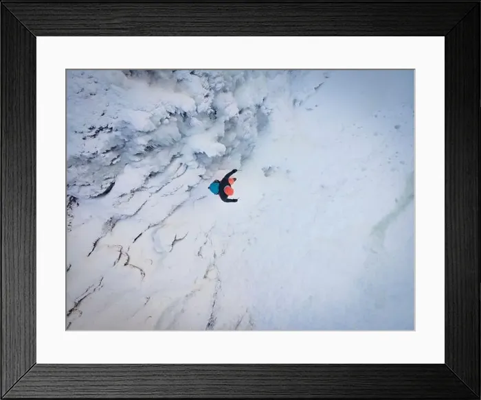 Framed Print : aerial drone shot of hiker with backpack Framed Print : aerial drone shot of hiker with backpack