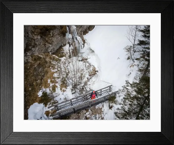 Framed Print : aerial drone shot of hiker with backpack Framed Print : aerial drone shot of hiker with backpack