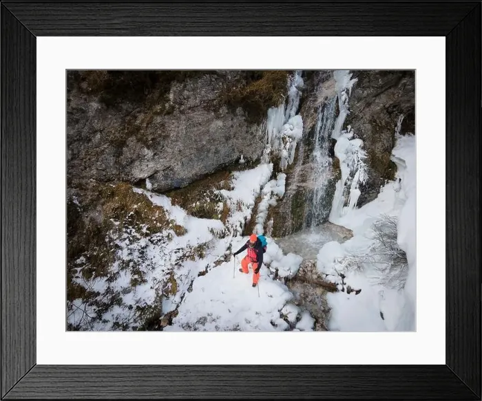 Framed Print : aerial drone shot of hiker with backpack Framed Print : aerial drone shot of hiker with backpack