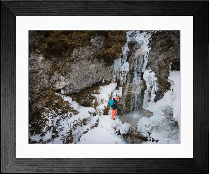 Framed Print : aerial drone shot of hiker with backpack Framed Print : aerial drone shot of hiker with backpack