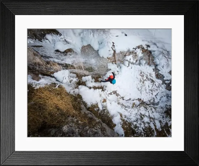 Framed Print : aerial drone shot of hiker with backpack Framed Print : aerial drone shot of hiker with backpack